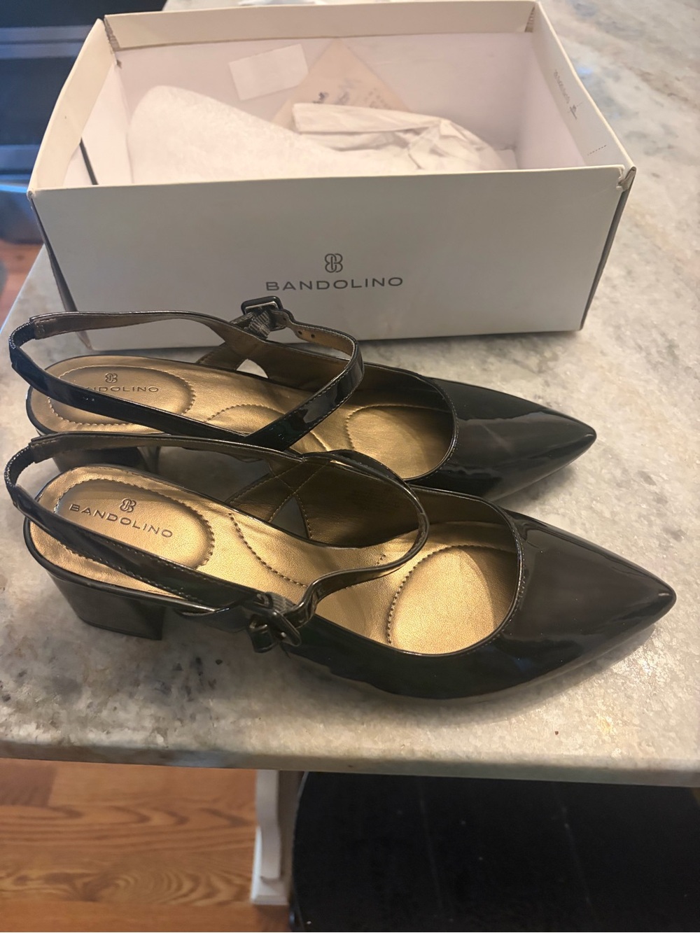 Bandolino Black Patent Slingback Pointed Toe Block Heels